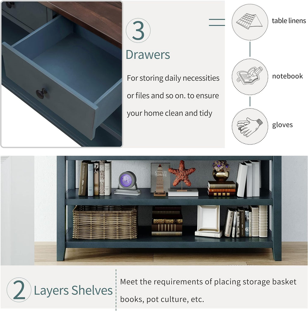 Navy Console Table with 2 Open Shelves and 3 Storage Drawers, Pine Solid Wood Frame E86810