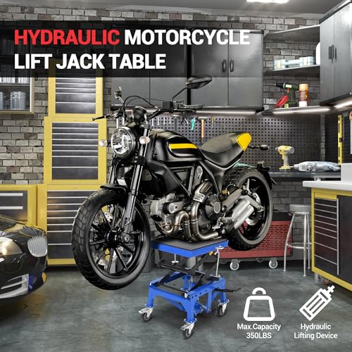 Hydraulic Motorcycle Lift Jack 350LBS, Foot Operated Scissor Lift Table, Heavy-Duty Steel Stand with Safety Lock & Wheels, 13.78-34.25" Height Adjustable, Oil Drain Hole R4220