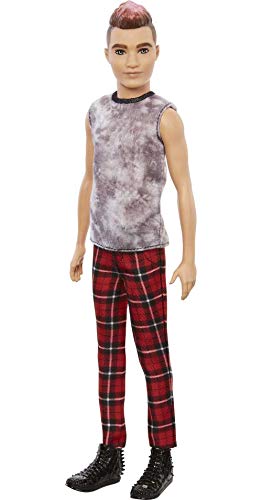 Barbie Ken Fashionistas Doll with Sculpted Brunette Ombre-Tipped Hair Wearing Sleeveless Tie-dye Shirt, Red Plaid Pants & Black Boots L442816