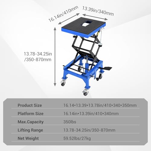 Hydraulic Motorcycle Lift Jack 350LBS, Foot Operated Scissor Lift Table, Heavy-Duty Steel Stand with Safety Lock & Wheels, 13.78-34.25" Height Adjustable, Oil Drain Hole R4220