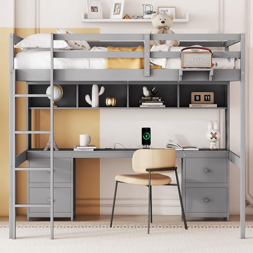 Gray Full Size Wooden Loft Bed with Desk and Storage, 4 Drawers & 4 Shelves A9884