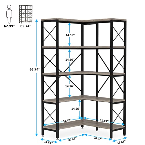 5-Shelf Corner Bookshelf with Metal Frame Grey J824060