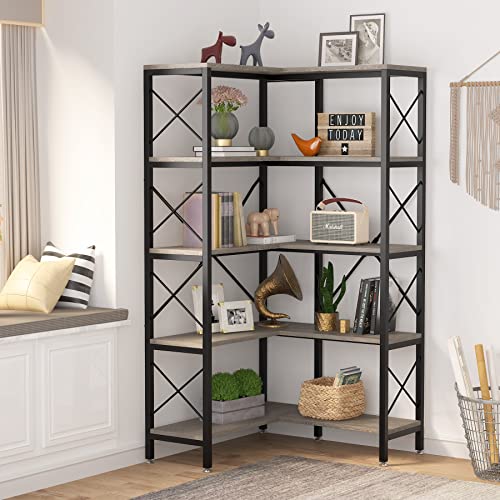 5-Shelf Corner Bookshelf with Metal Frame Grey J824060