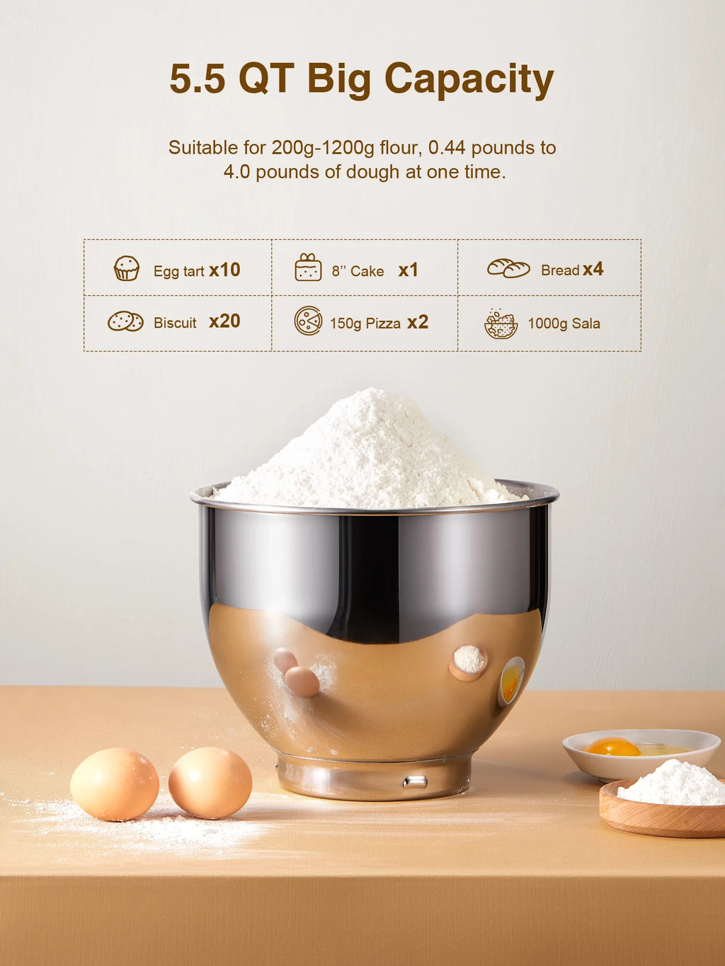 5.5QT Tilt-Head Stand Mixer with Dough Hook, Whisk & Beater, Gold L4304