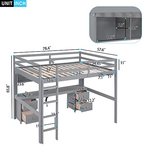 Gray Full Size Wooden Loft Bed with Desk and Storage, 4 Drawers & 4 Shelves A9884