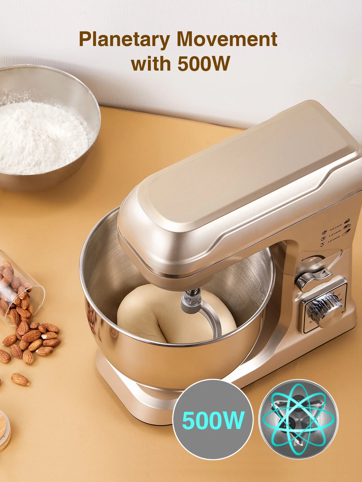 5.5QT Tilt-Head Stand Mixer with Dough Hook, Whisk & Beater, Gold L4304