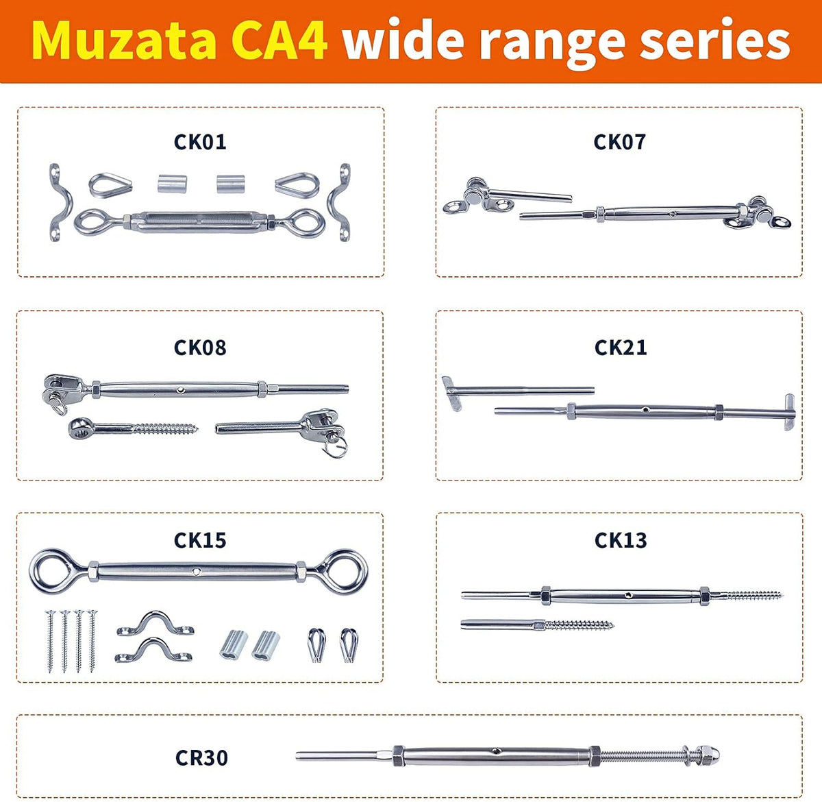 20 Set Cable Railing Kit 1/8 T316 Stainless Steel Turnbuckle Hardware V52166