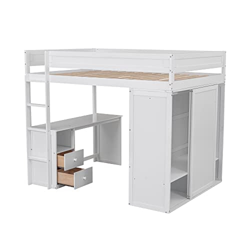 White Wooden Loft Bed with Storage Wardrobe and Desk K213