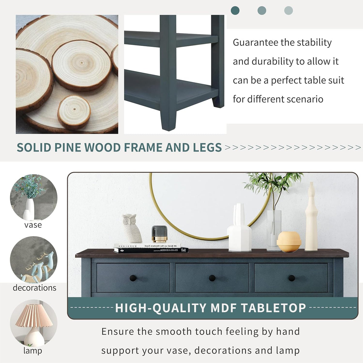 Navy Console Table with 2 Open Shelves and 3 Storage Drawers, Pine Solid Wood Frame E86810