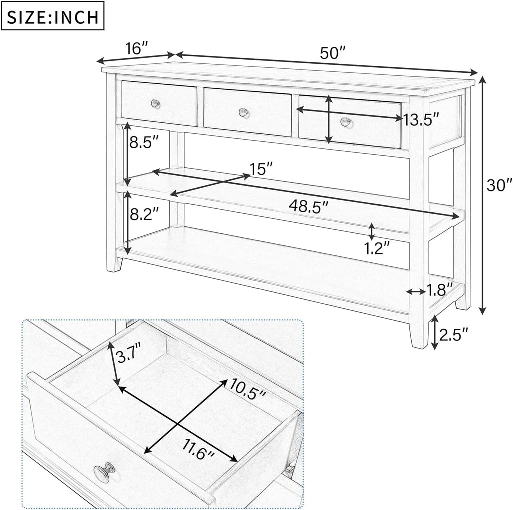 Navy Console Table with 2 Open Shelves and 3 Storage Drawers, Pine Solid Wood Frame E86810