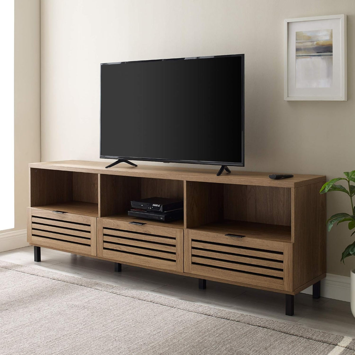 Modern Wood TV Stand with Slat Doors, 58 Inch, Dark Walnut F99735