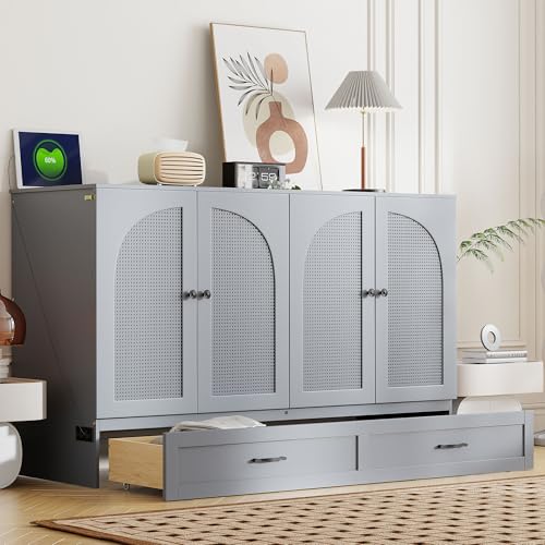 Queen Size Murphy Bed Cabinet Wall Bed with USB and Storage Drawer P71996