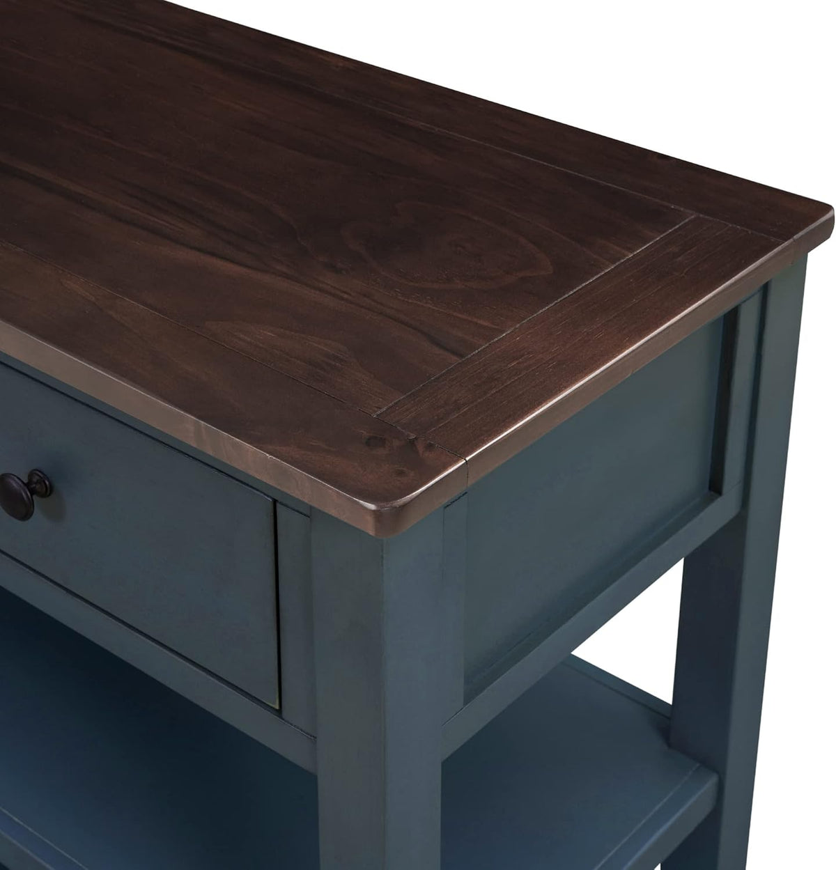 Navy Console Table with 2 Open Shelves and 3 Storage Drawers, Pine Solid Wood Frame E86810