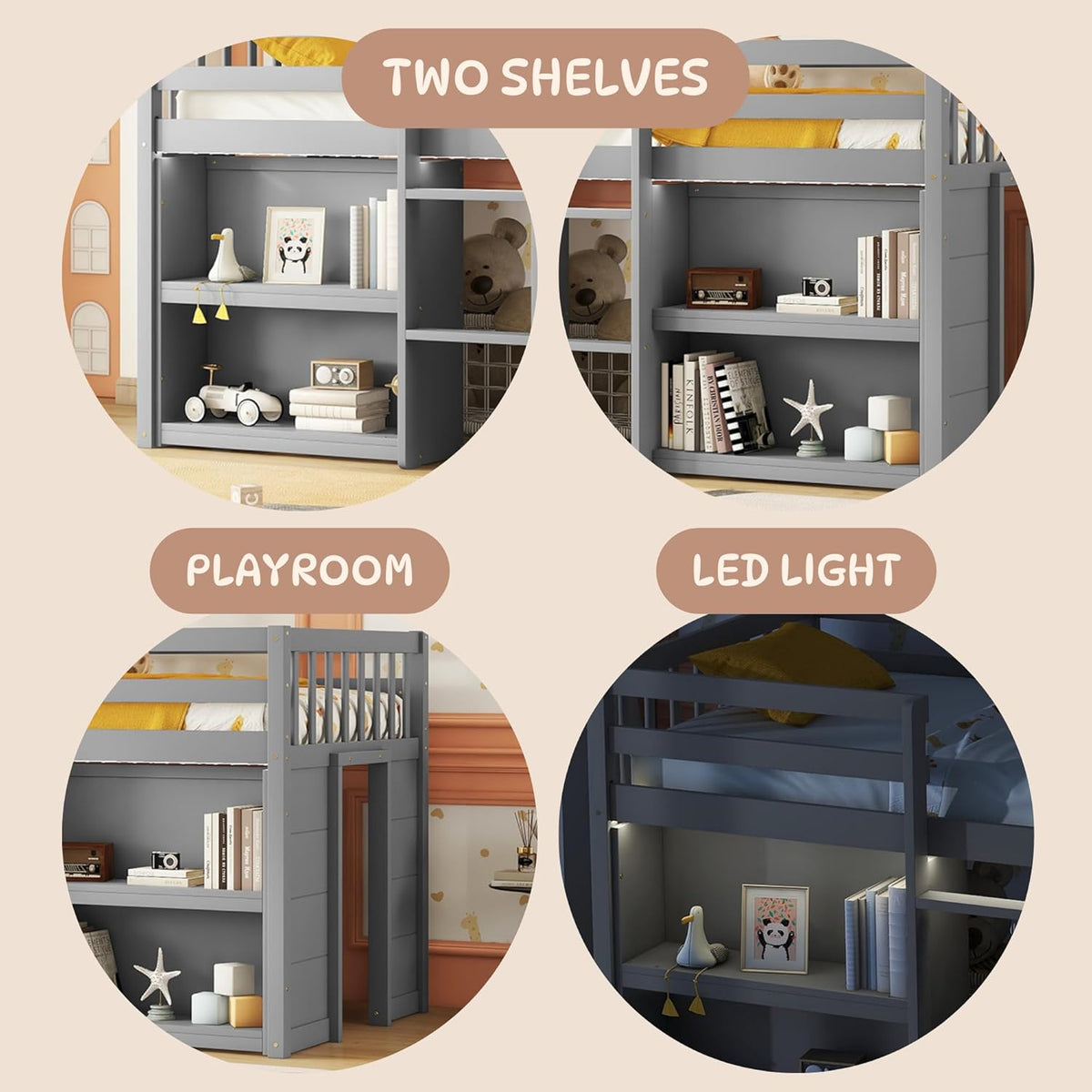 Grey LED Twin Low Loft Bed with Storage Shelves W1838