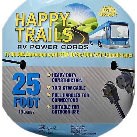 25 ft RV Electric Extension Cord with Pull Handles and Lighted Ends Z3749
