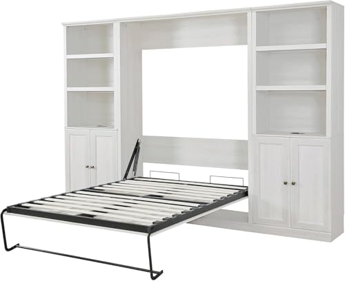 Queen Size White Wood Murphy Bed with Storage Bookcase Shelves S723507