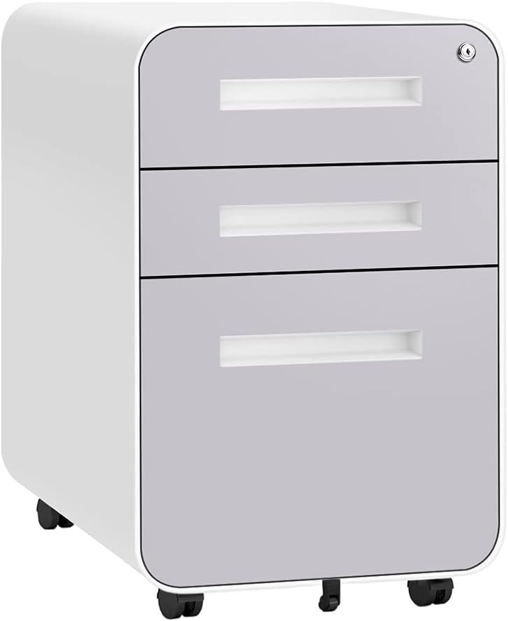 White 3 Drawer File Cabinet with Lock and Wheels I766