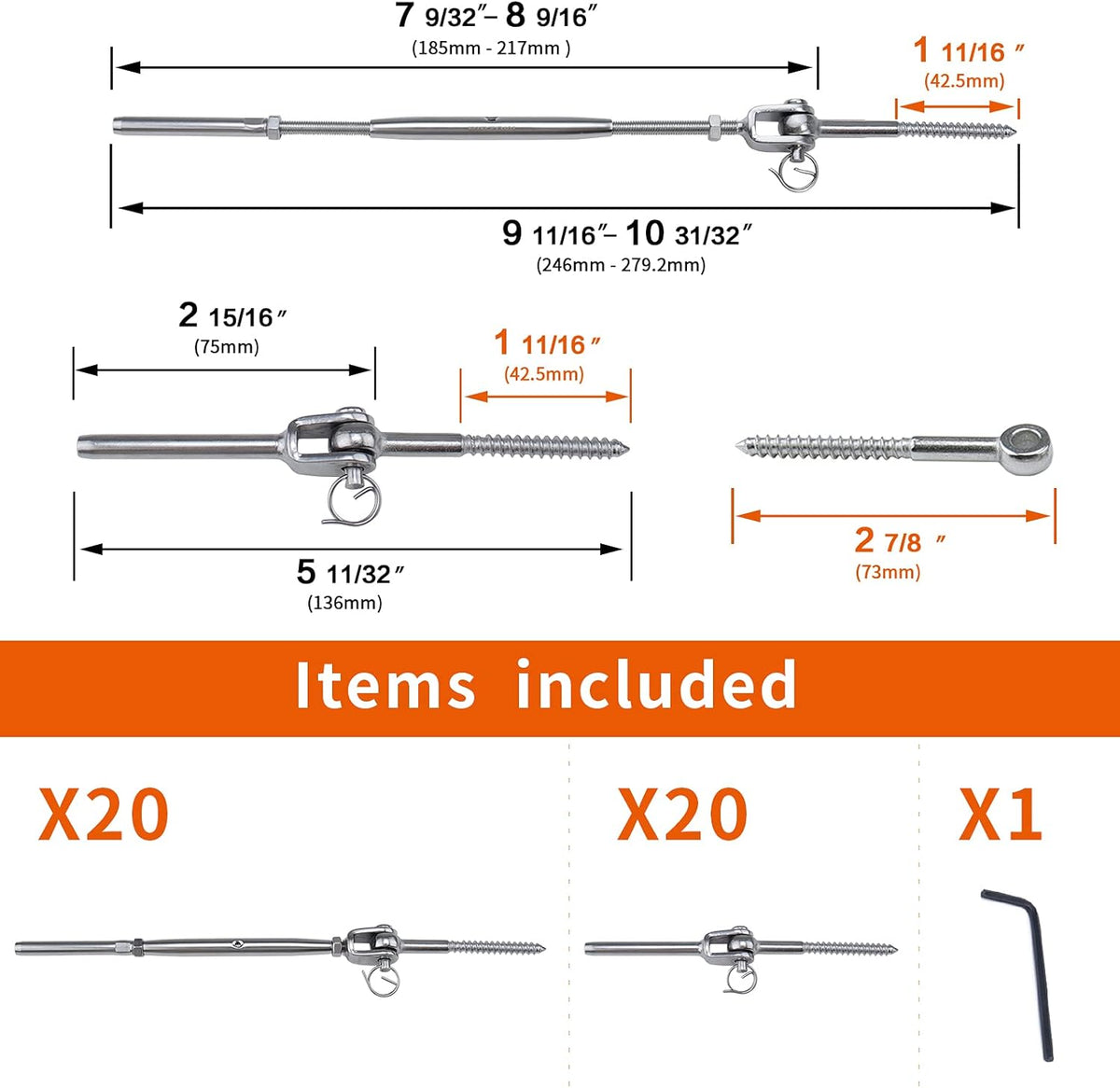 20 Set Cable Railing Kit 1/8 T316 Stainless Steel Turnbuckle Hardware V52166