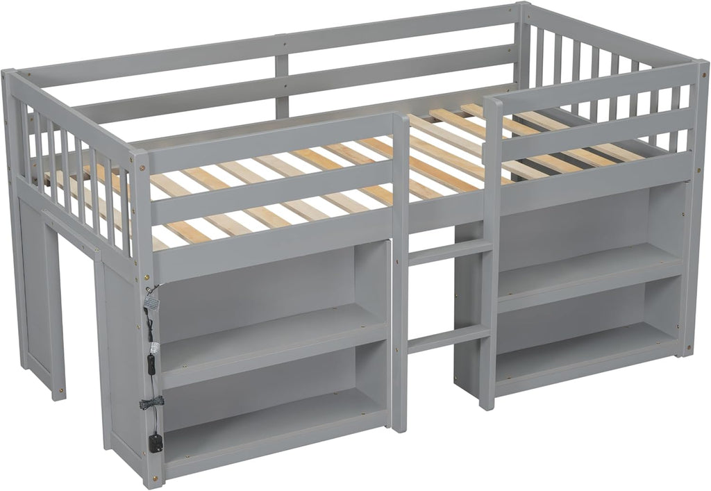 Grey LED Twin Low Loft Bed with Storage Shelves W1838