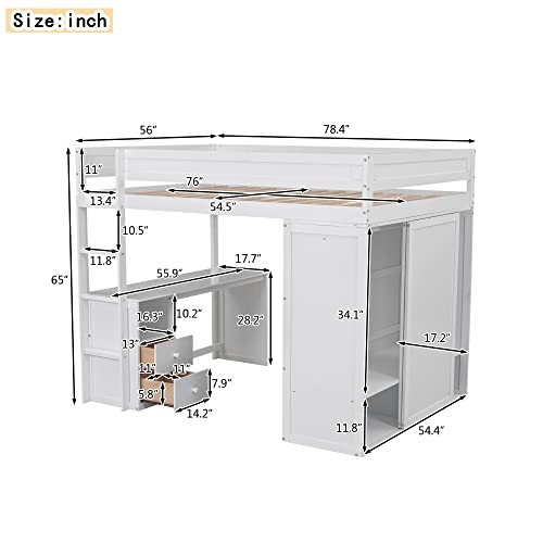 White Wooden Loft Bed with Storage Wardrobe and Desk K213