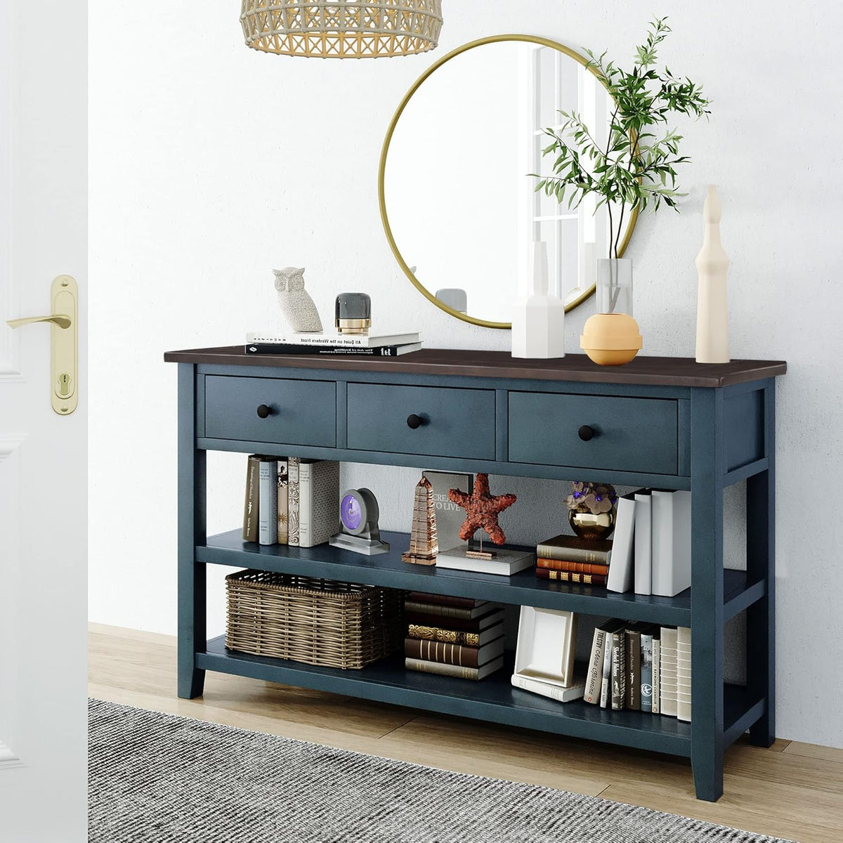 Navy Console Table with 2 Open Shelves and 3 Storage Drawers, Pine Solid Wood Frame E86810