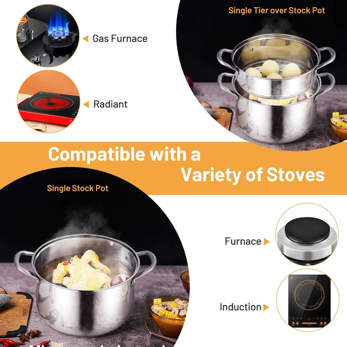 2-Tier Stainless Steel Steamer Pot with Tempered Glass Lid E868