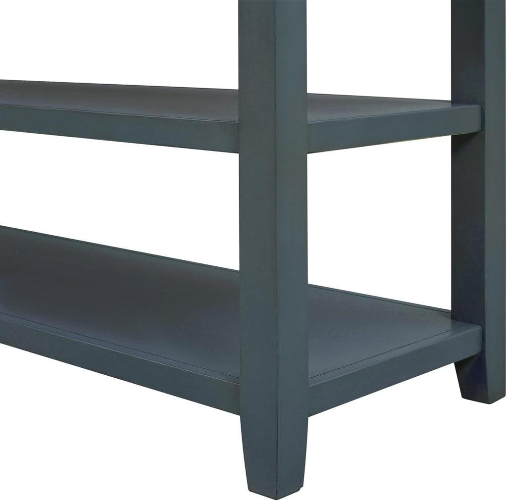 Navy Console Table with 2 Open Shelves and 3 Storage Drawers, Pine Solid Wood Frame E86810