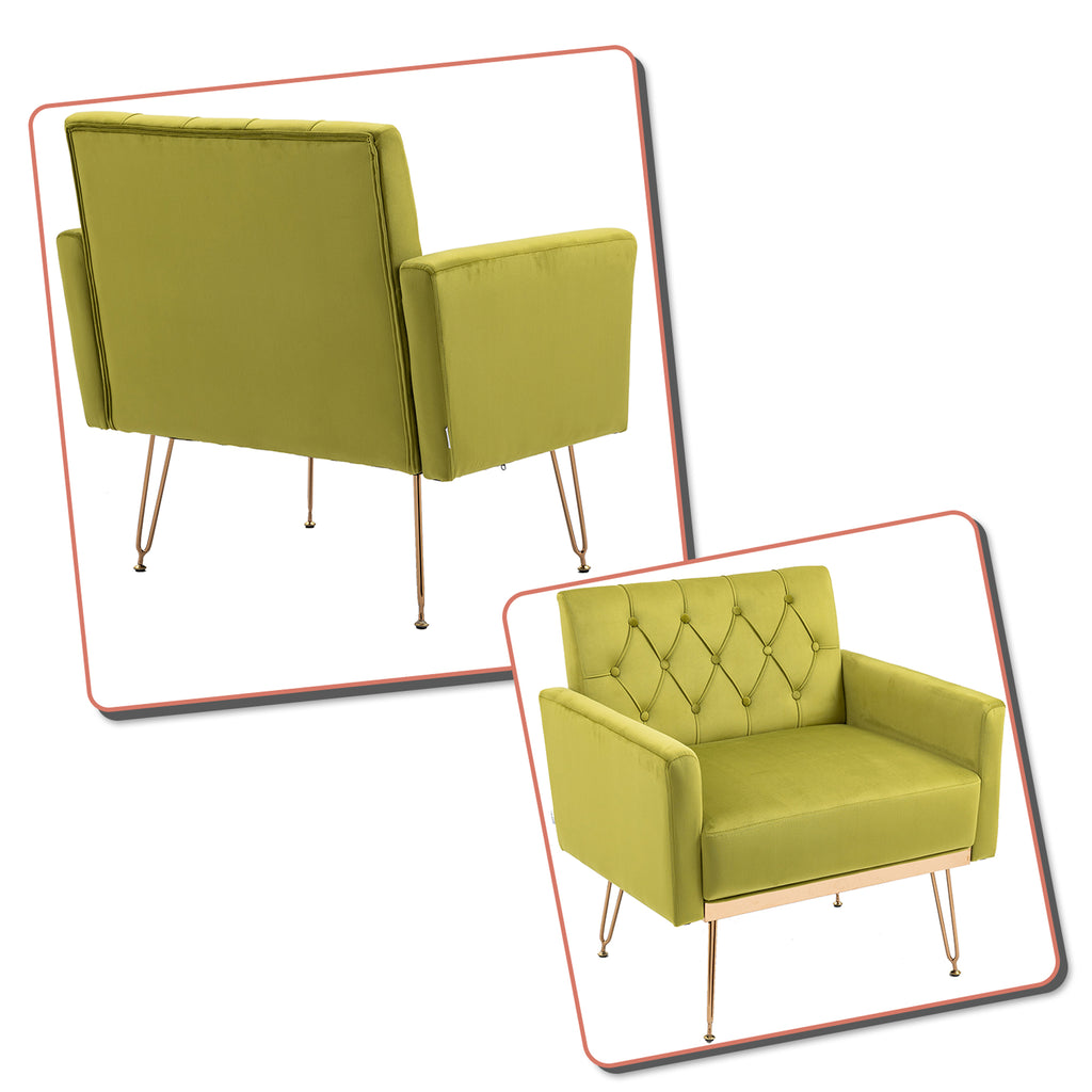 Olive Green Velvet Upholstered Accent Chair with Button Tufted Design and Metal Legs W8988