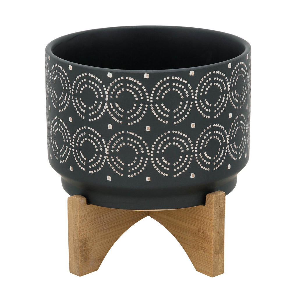 Black Round Ceramic Swirl Planter On Stand E9436