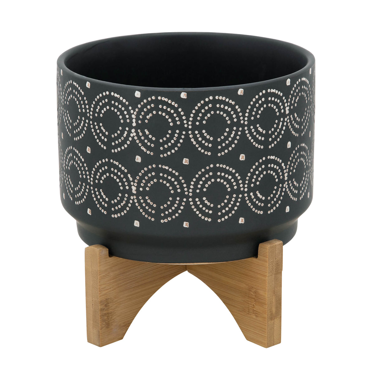 Black Round Ceramic Swirl Planter On Stand E9436