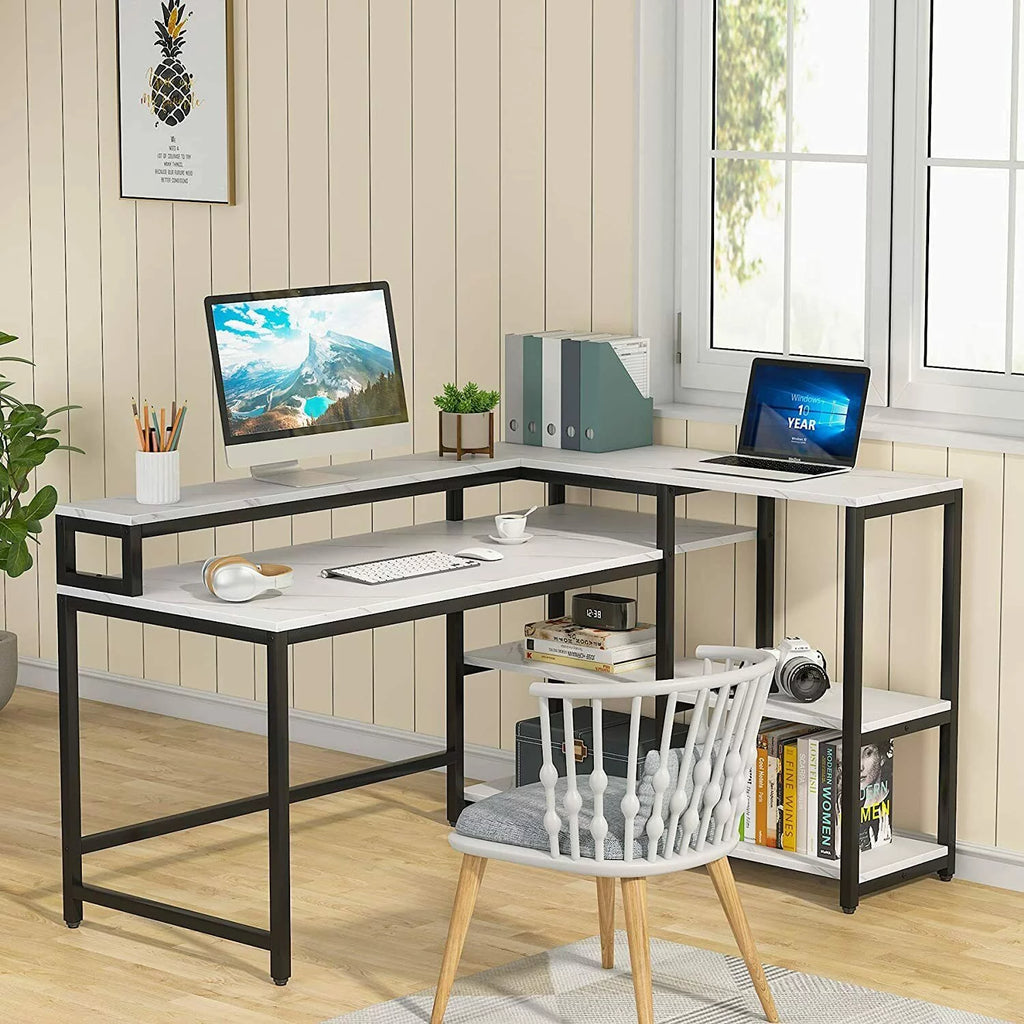 Reversible L Shaped Desk with Hutch and Open Shelves D53683