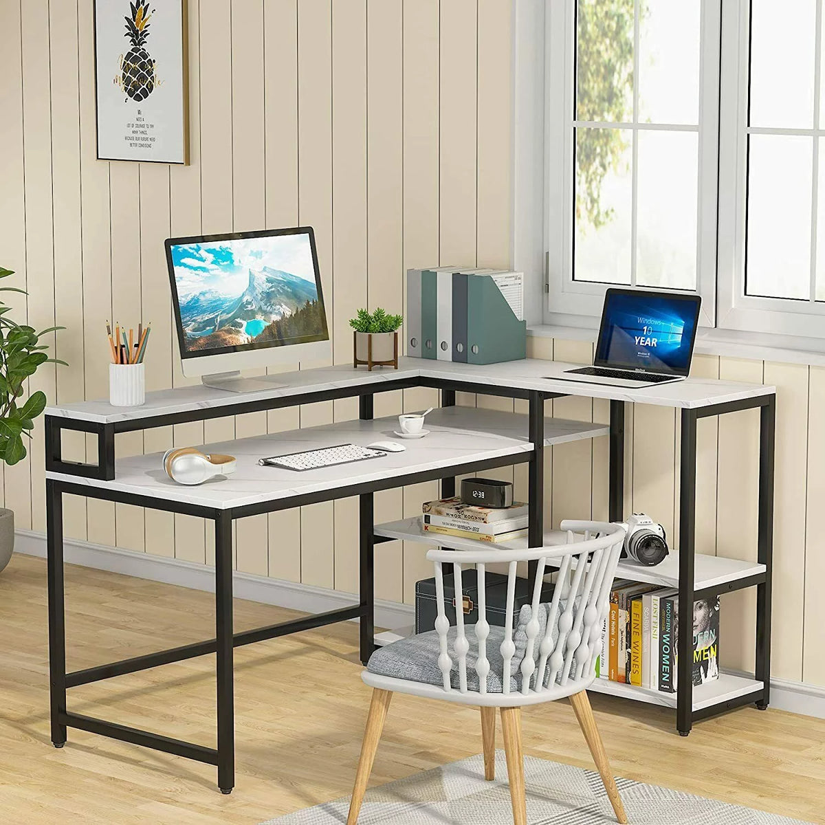 Reversible L Shaped Desk with Hutch and Open Shelves D53683
