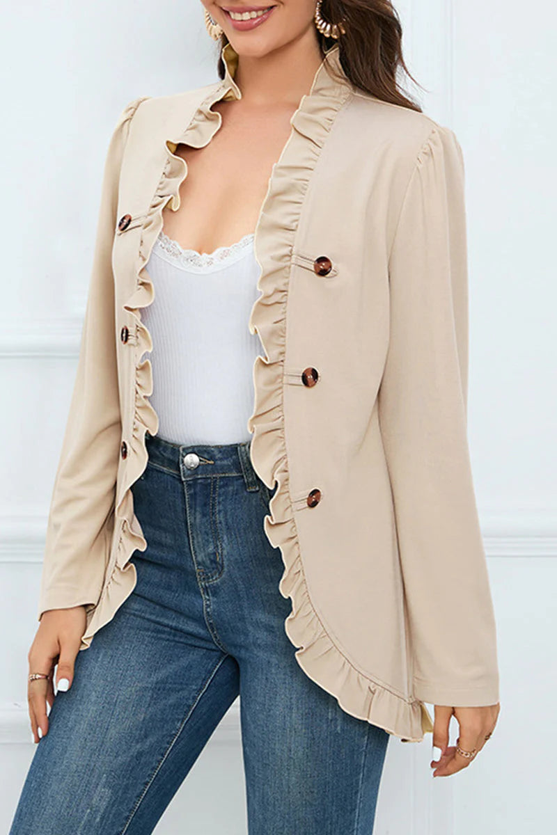 Solid Buckle Flounce Lotus Leaf Collar Outerwear D121466