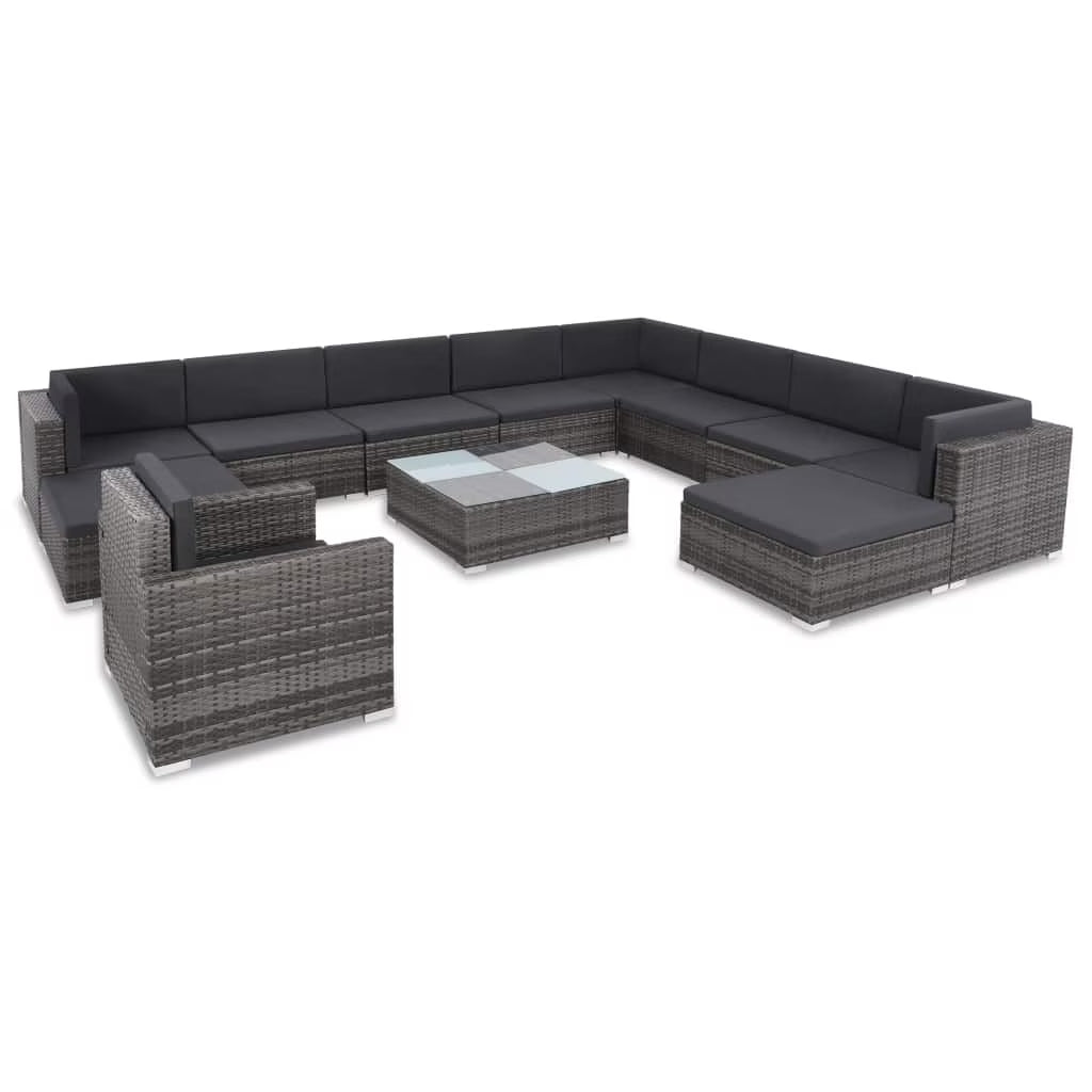 12 Piece Gray Poly Rattan Patio Sofa Conversation Set with Coffee Table and Ottoman X766630