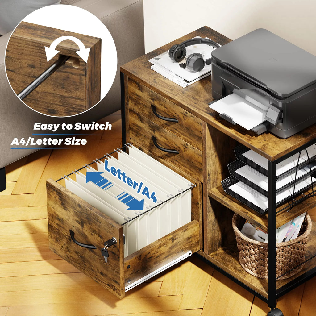 Brown 3 Drawer Wood File Cabinet with USB Charging Ports T78948