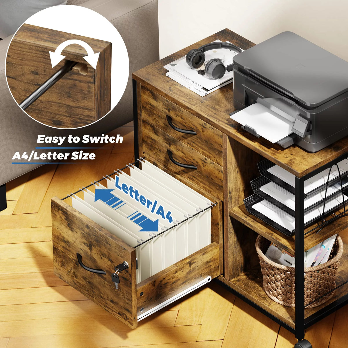 Brown 3 Drawer Wood File Cabinet with USB Charging Ports T78948
