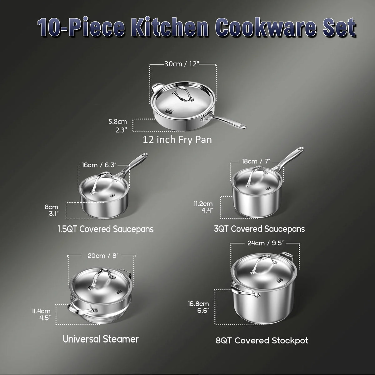 10-Piece Stainless Steel Cookware Set with Fry Pan A144219