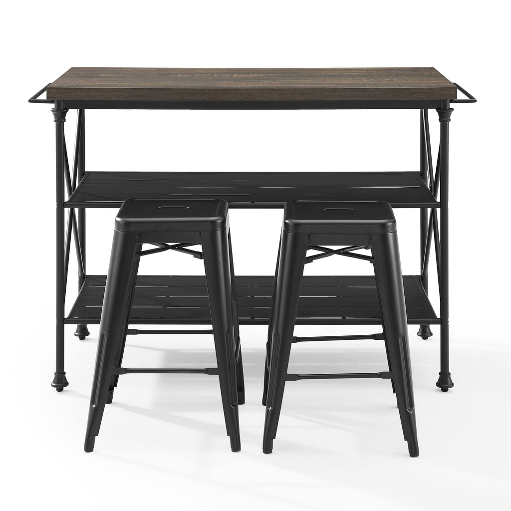 3 Piece Kitchen Island 2 Stools Set Brown Black E13610