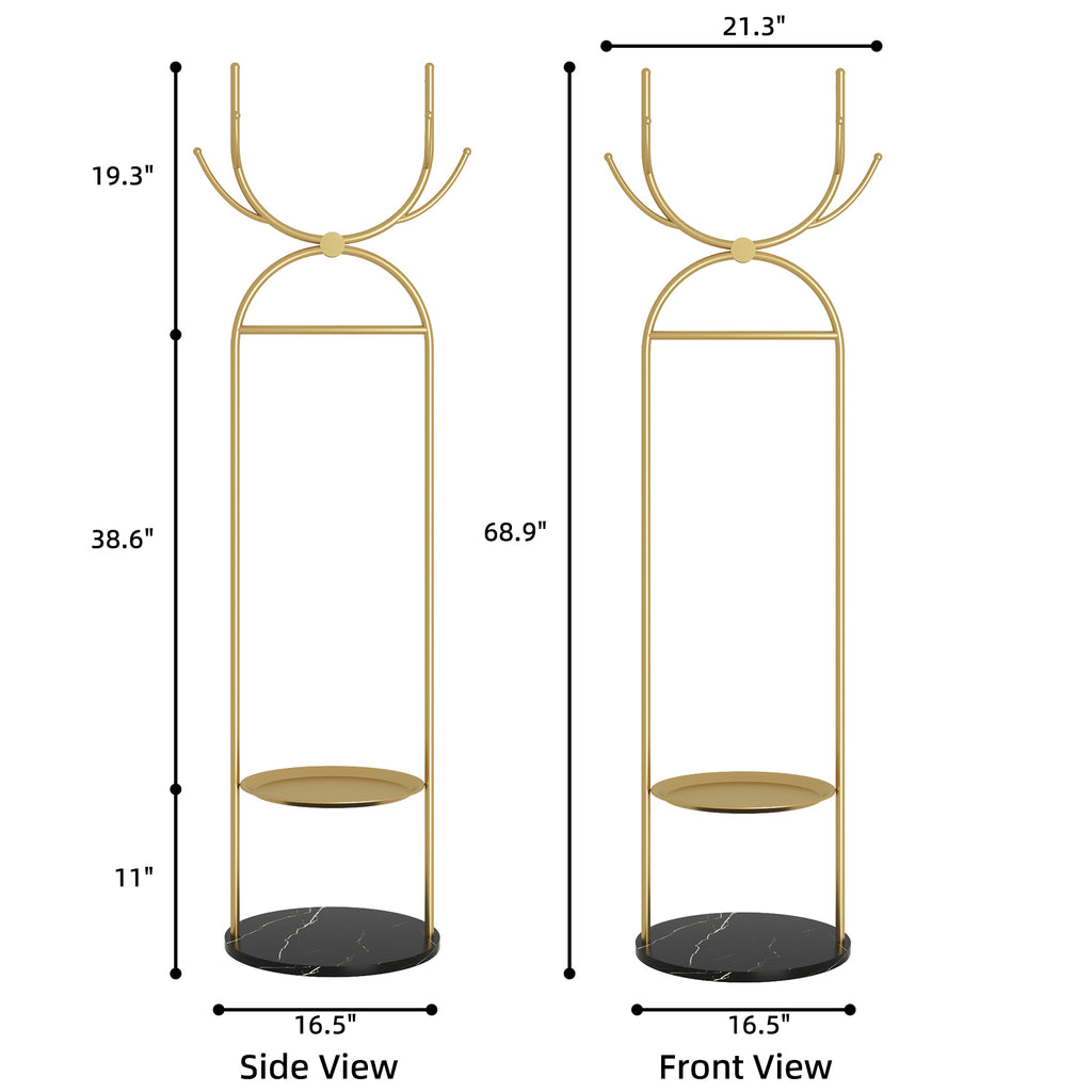 Metal Coat Rack Stand with Shelves and Hooks, Marble Base P792179