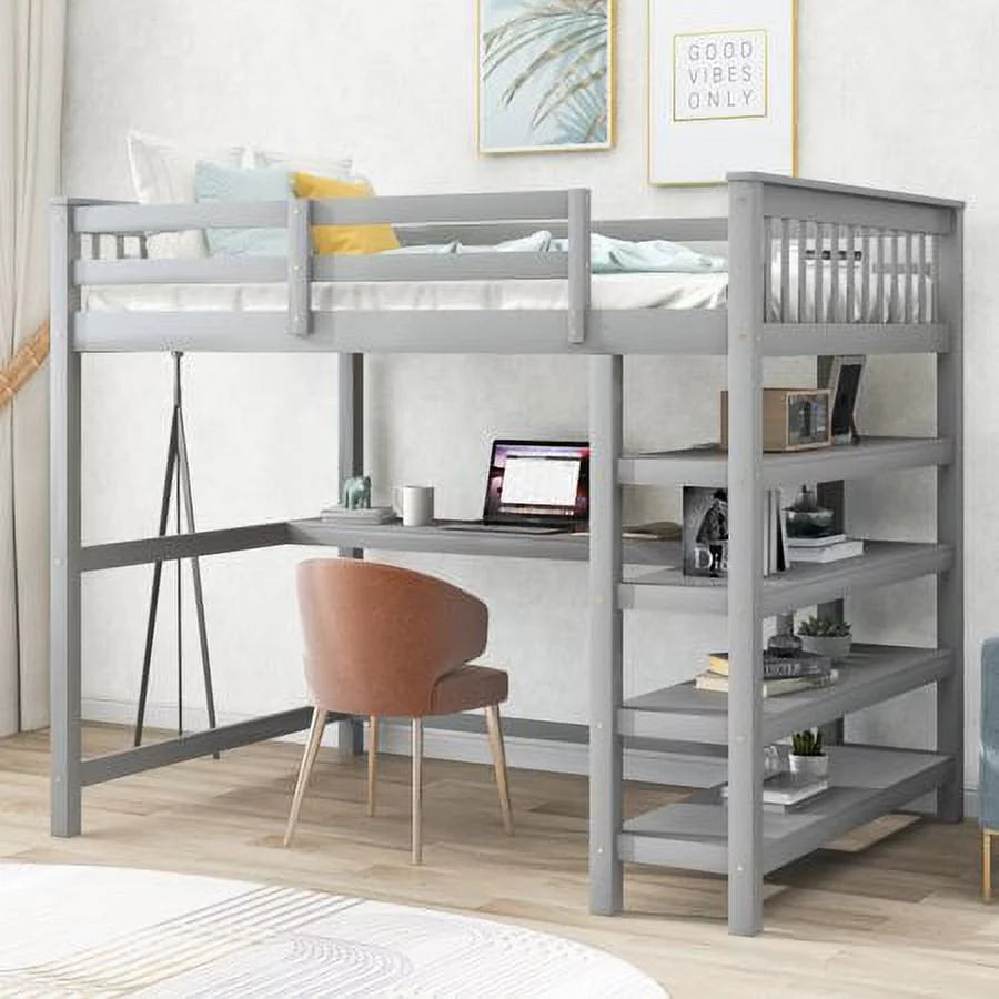 Full Size Gray Rubber Wooden Loft Bed with Storage Shelves and Desk R5121