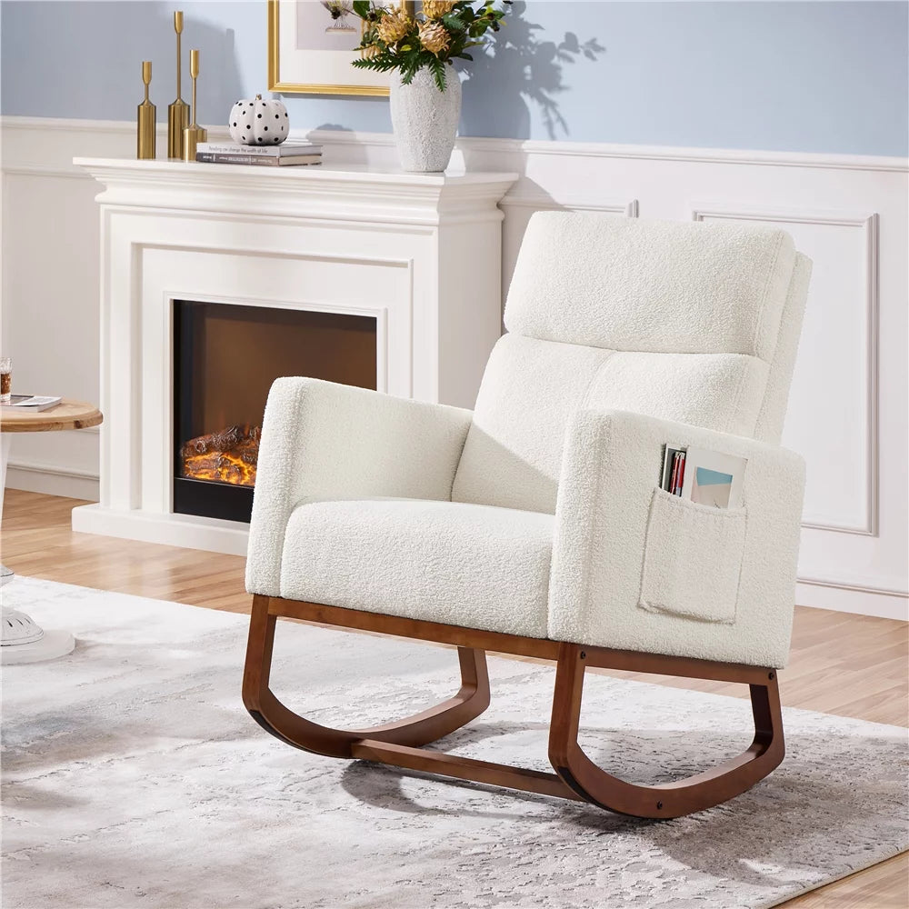 Ivory Boucle Upholstered Rocking Chair with Rubberwood Legs Q318