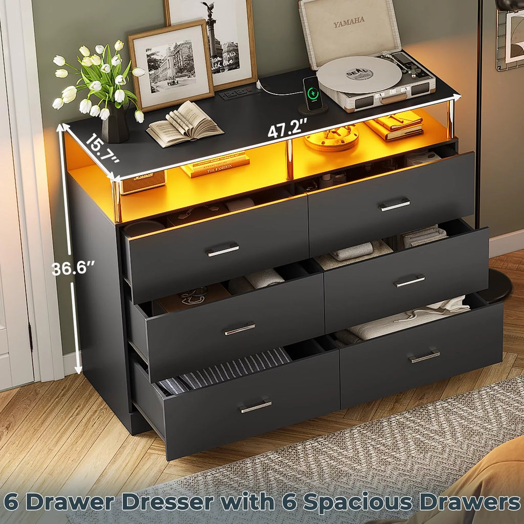 Black 6 Drawer Dresser with Charging Station F3287