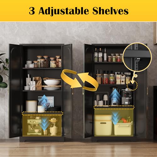 Black Metal Pantry Cabinet with Doors and 4 Adjustable Shelves T521222