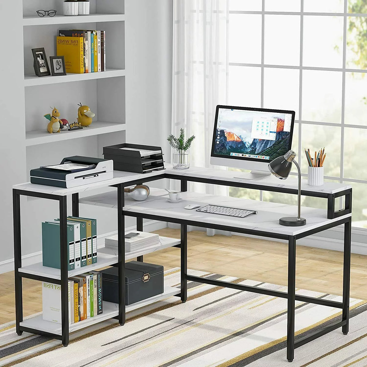 Reversible L Shaped Desk with Hutch and Open Shelves D53683