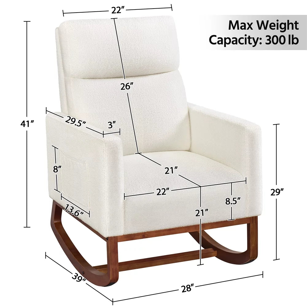 Ivory Boucle Upholstered Rocking Chair with Rubberwood Legs Q318