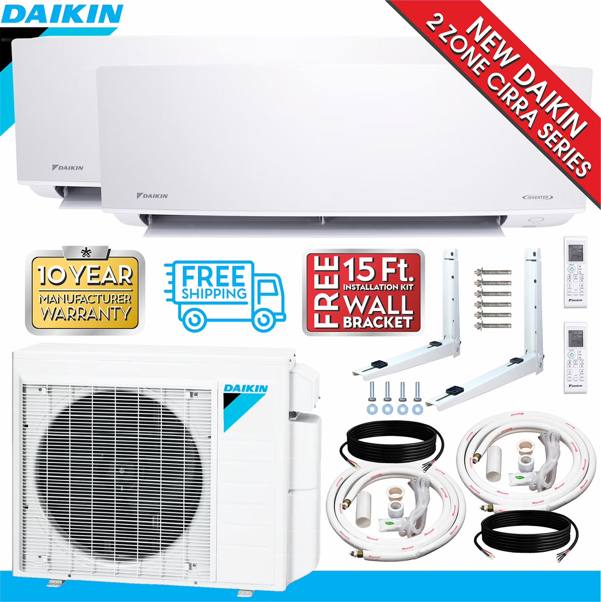 2-Zone Mini Split Air Conditioner Heat Pump System with 15 ft. Installation Kit and Wall Bracket O907257