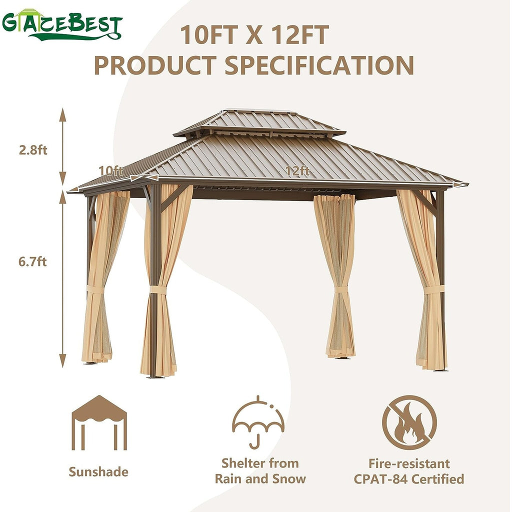10x10 ft Hardtop Aluminum Patio Gazebo Double Roof Galvanized Steel Canopy O186