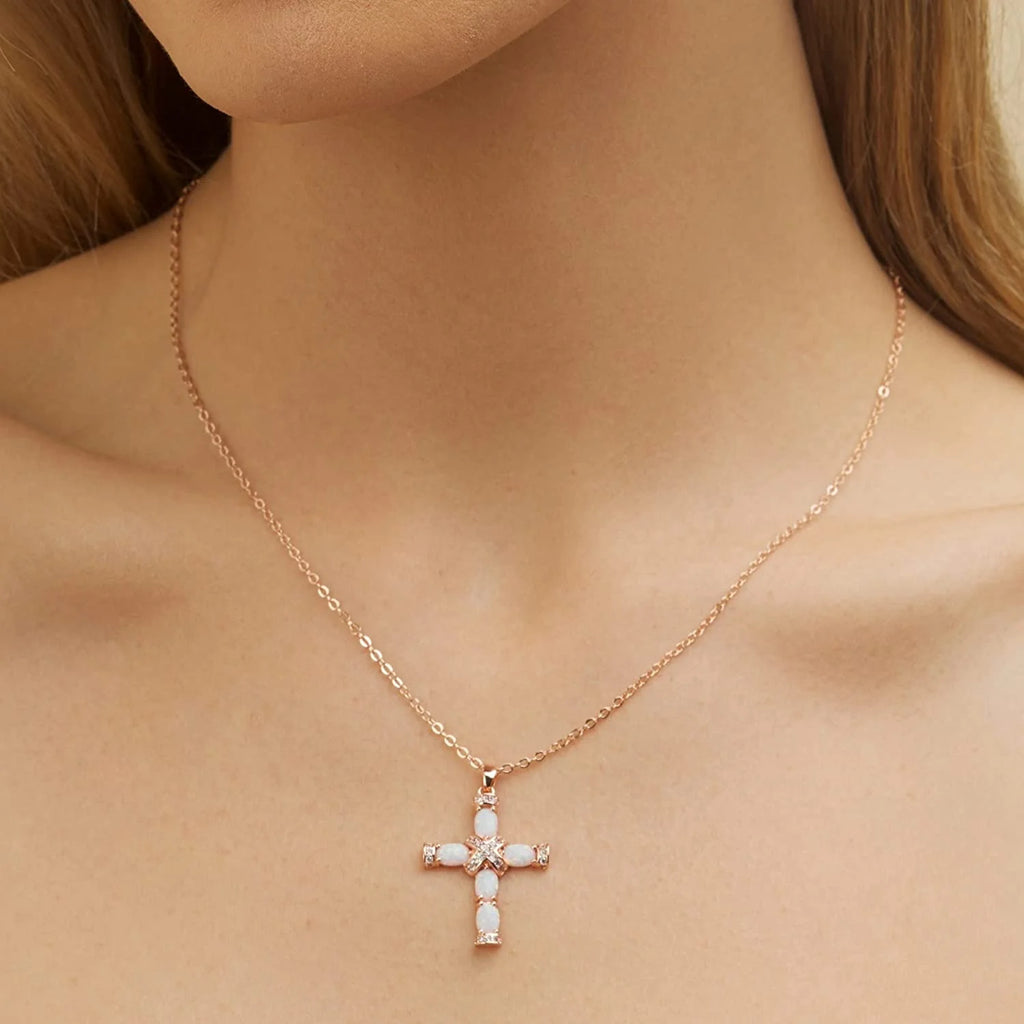 Rose Gold & White Gold Plated Created Opal Cross Chain With Pendant E3598