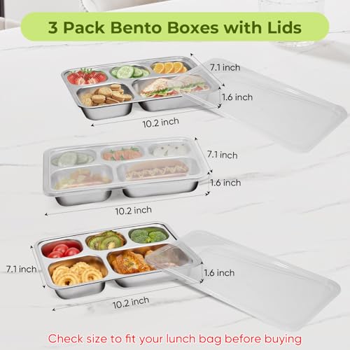 Stainless Steel Bento Box 3 Pack 5 Compartments with Lids E5888