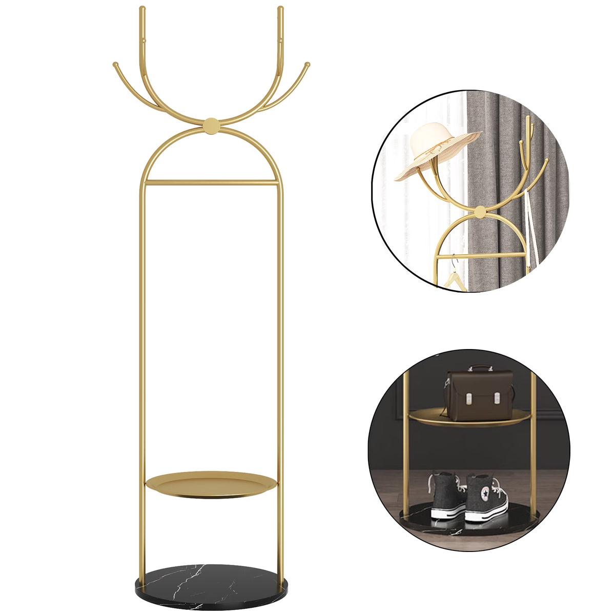 Metal Coat Rack Stand with Shelves and Hooks, Marble Base P792179